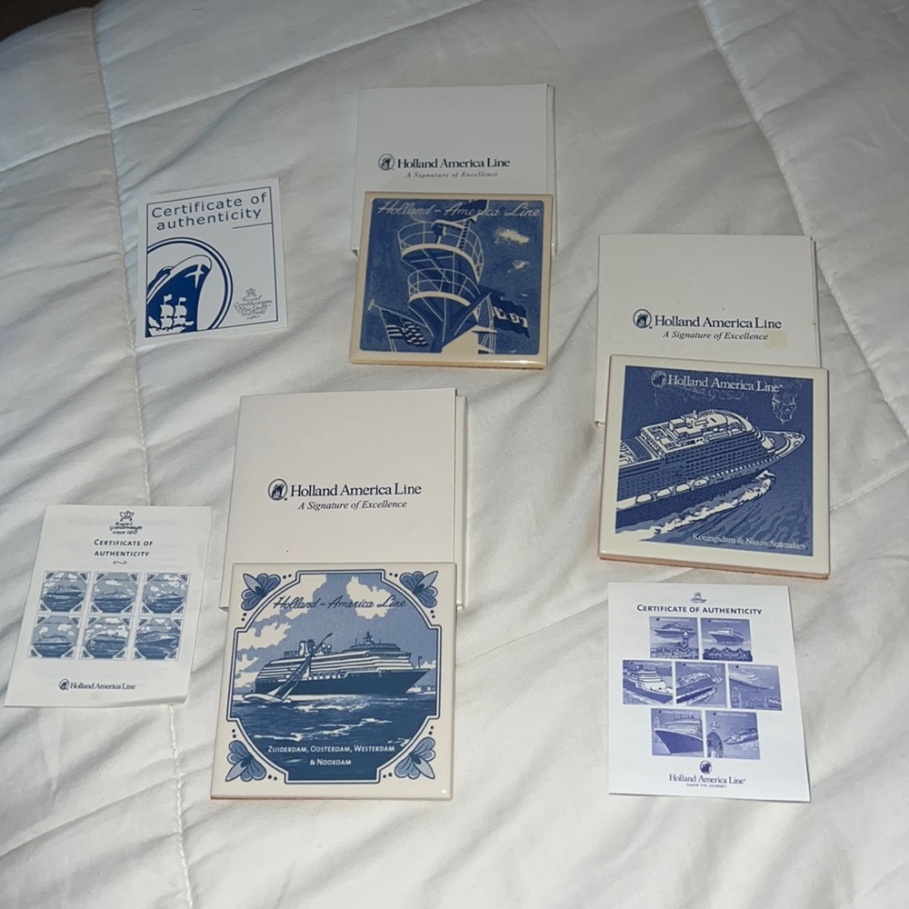 Holland America Line Ceramic Coaster Set of 3 w Certificates Nautical Blue